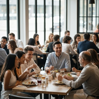 Diverse group of people happily dining in a modern restaurant, showing community and diverse experiences