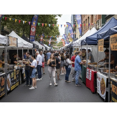 Vibrant street food market at a Melbourne festival with diverse food stalls and happy people