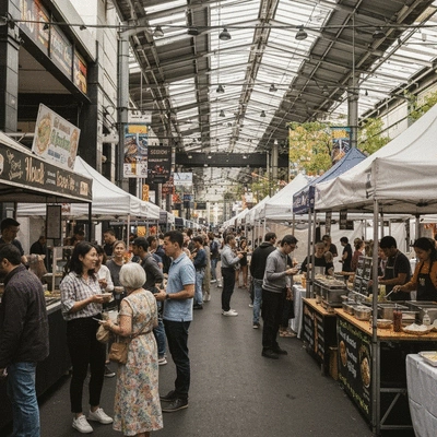 People enjoying a vibrant street food market in Melbourne, with diverse food stalls and a lively atmosphere