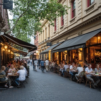 Melbourne street scene with vibrant restaurants and people dining outdoors, lively atmosphere, 400x300