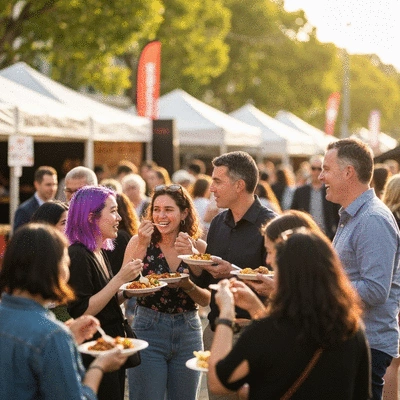 Diverse group of people enjoying food at an outdoor festival, multicultural, vibrant, no text, no words, no typography, clean image