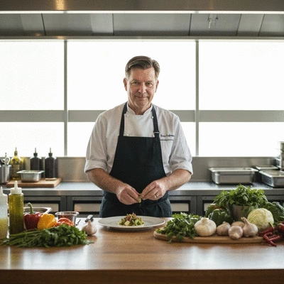 Chef preparing a plant-based dish in a modern Melbourne restaurant kitchen, with fresh local ingredients on display