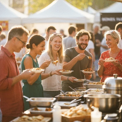 Attendees sampling diverse dishes at a lively Melbourne food festival