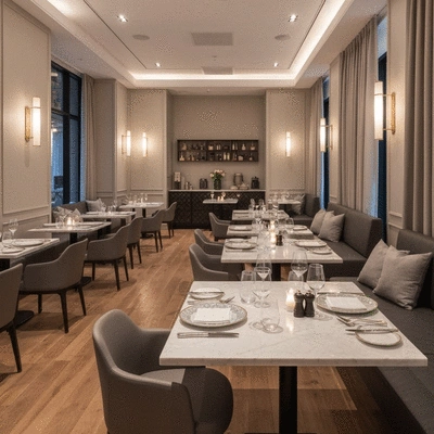 Elegant and modern restaurant interior in Melbourne with soft lighting and sophisticated table settings