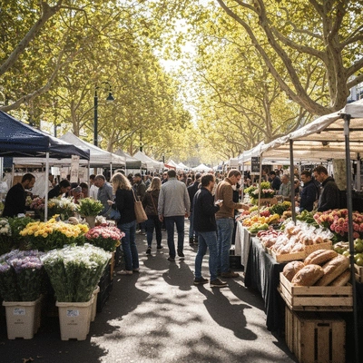 Fresh, vibrant produce at a bustling Melbourne farmers' market, with diverse vegetables and fruits on display