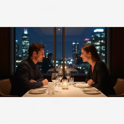 Couple enjoying a romantic dinner in a dimly lit Melbourne restaurant with city views