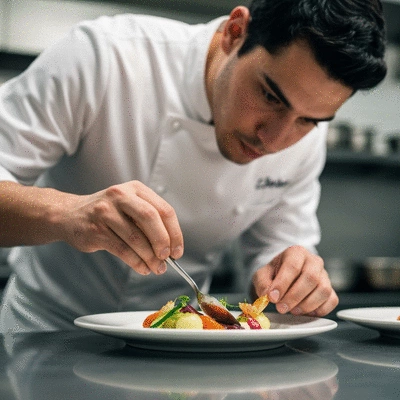 Close-up of a chef meticulously plating a gourmet dish in a professional kitchen