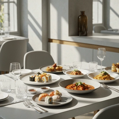 Diverse array of global dishes on a table in a bright, modern Melbourne setting