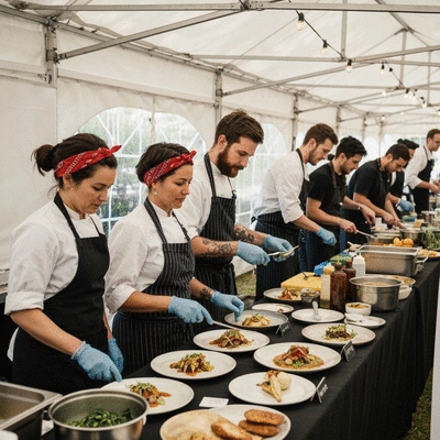 Chefs collaborating at a vibrant Melbourne food event, preparing diverse dishes