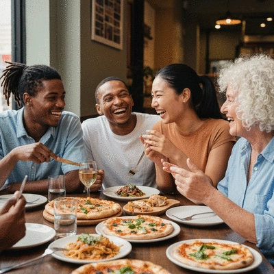 Friends laughing and sharing a meal at a vibrant casual Melbourne restaurant