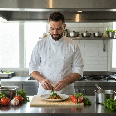 Modern kitchen scene with a chef preparing sustainable and locally sourced ingredients, clean, professional, no text, no words, no typography, clean image