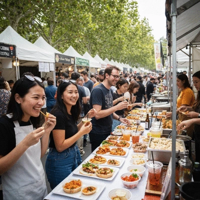 Happy festival attendees enjoying diverse food and drinks at a Melbourne food festival
