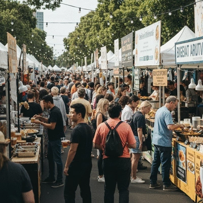 People enjoying a vibrant food festival with various international food stalls