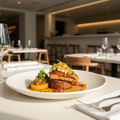 Modern Australian cuisine with Asian fusion dish, beautifully plated, in a stylish restaurant setting, no text, no words, no typography, 8K, natural lighting