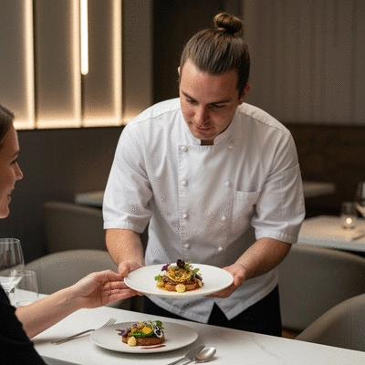 Chef presenting a beautifully plated dish in a modern Melbourne restaurant, high-end dining, 400x300