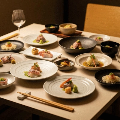 Modern dining table setting with exquisite Japanese dishes at Suupaa, soft lighting, no text, no words, no typography