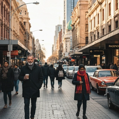 Diverse array of Melbourne dishes on a table, including Italian pasta, Asian fusion, and Middle Eastern delights, in a vibrant restaurant setting